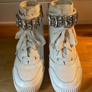 Karl Lagerfeld White High-Top Leather Jeren Sneakers with Jeweled Ankle Cuffs